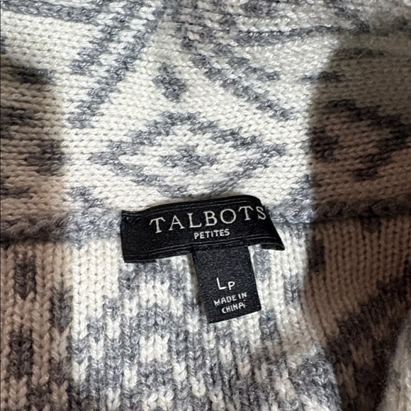 Talbots Wool Cashmere Blend Snowflake Graphic Grey White Open Front Cardigan LP - Picture 5 of 7